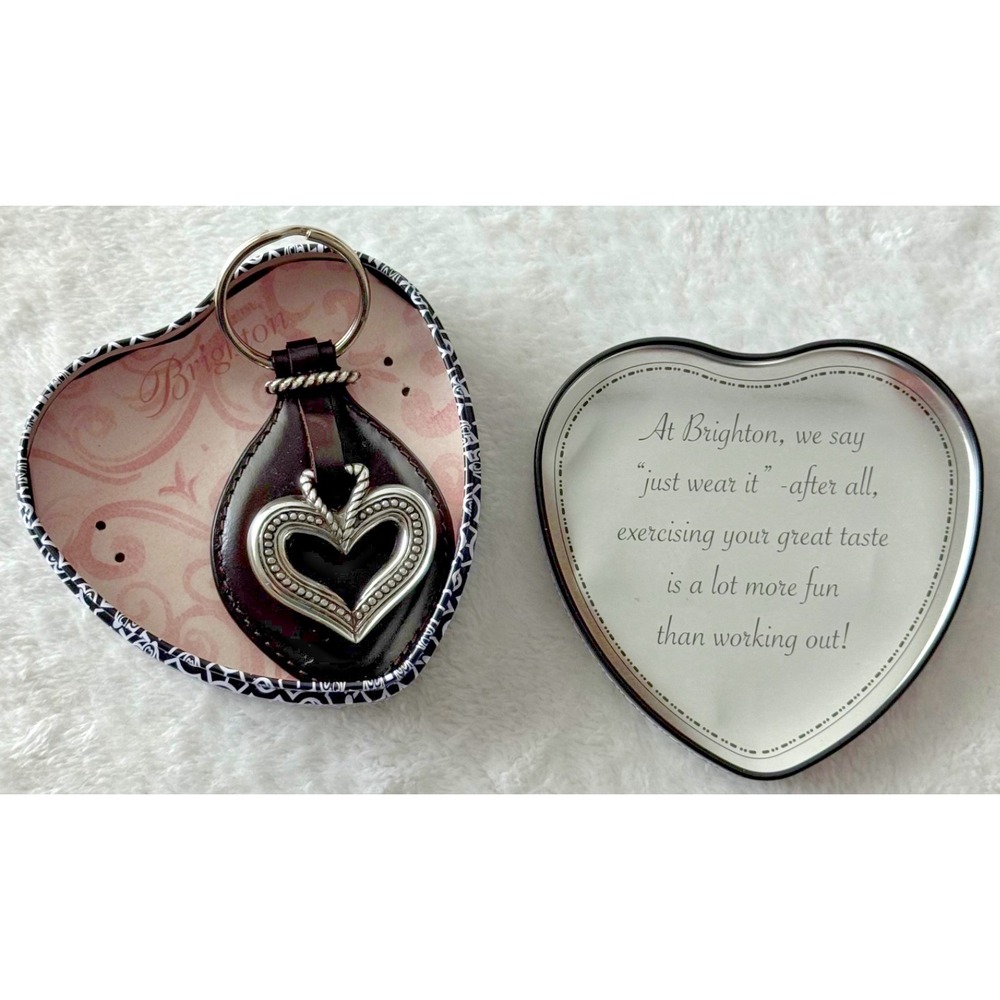 Brighton Barse Silver Heart Black Leather Key Ring Fob in Brighton Heart Tin
